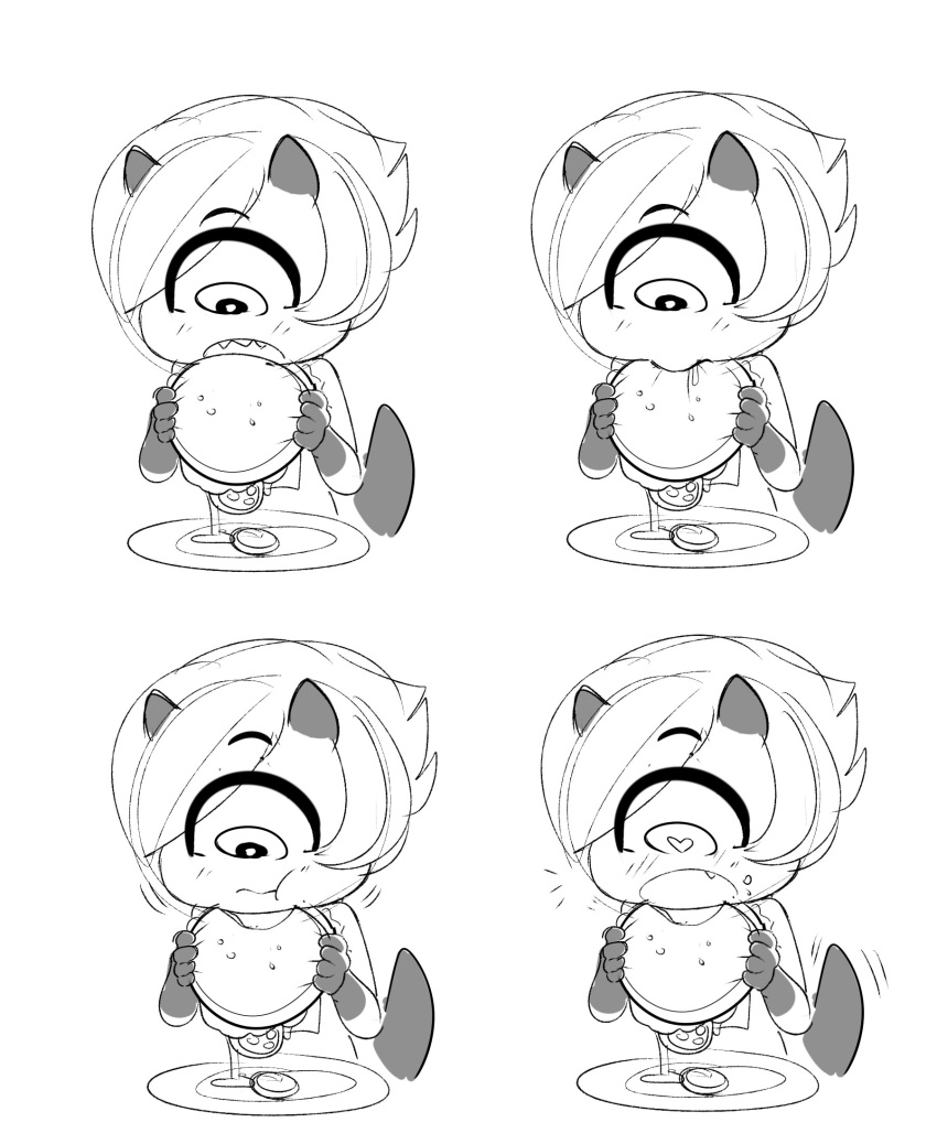 &lt;3 &lt;3_eyes 1_eye ansel_(anaid) bib black_and_white blush clothed clothing cyclops eating fangs food fully_clothed hair horn horned_tailclops humanoid krekk0v long_tail male monochrome multicolored_skin not_furry open_mouth sharp_teeth simple_background solo tailclops teeth two_tone_skin white_background