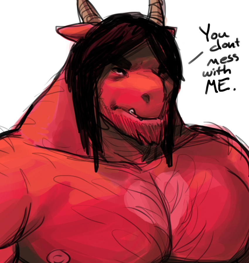 anthro beard body_hair chest_hair colored_sketch dragon english_text facial_hair hair horn male mature_male muscular muscular_male nude pecs rowf solo text