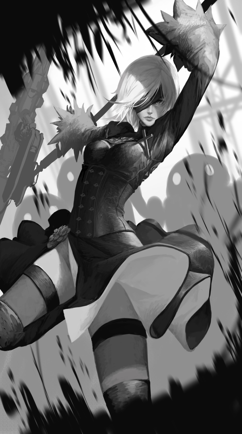 absurdres arms_up artist_name artstation_username back_cutout blindfold boots breasts closed_mouth corset cross day dishwasher1910 dress feather-trimmed_sleeves flower highres leotard leotard_peek lips long_sleeves looking_at_viewer medium_breasts mole nier_(series) nier_automata one_eye_covered ruby_rose rwby short_sleeves solo standing standing_on_one_leg thigh_boots thighhighs thighhighs_under_boots turtleneck watermark web_address work_in_progress yorha_no._2_type_b