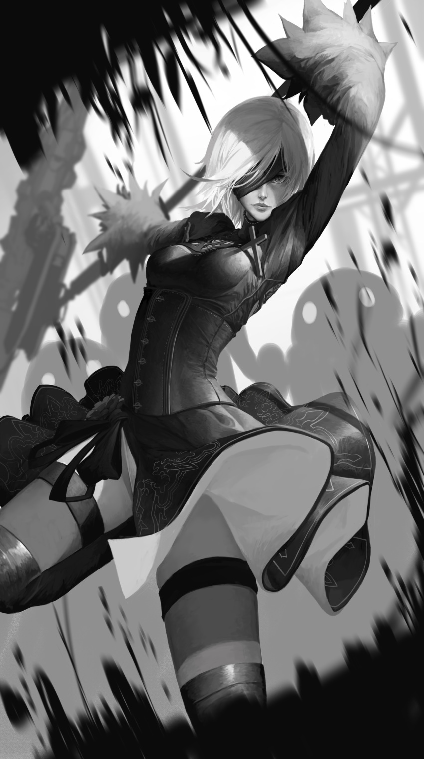 absurdres arms_up artist_name artstation_username back_cutout blindfold boots breasts closed_mouth corset cross day dishwasher1910 dress feather-trimmed_sleeves flower highres leotard leotard_peek lips long_sleeves looking_at_viewer medium_breasts nier_(series) nier_automata one_eye_covered ruby_rose rwby short_sleeves solo standing standing_on_one_leg thigh_boots thighhighs thighhighs_under_boots turtleneck watermark web_address work_in_progress yorha_no._2_type_b