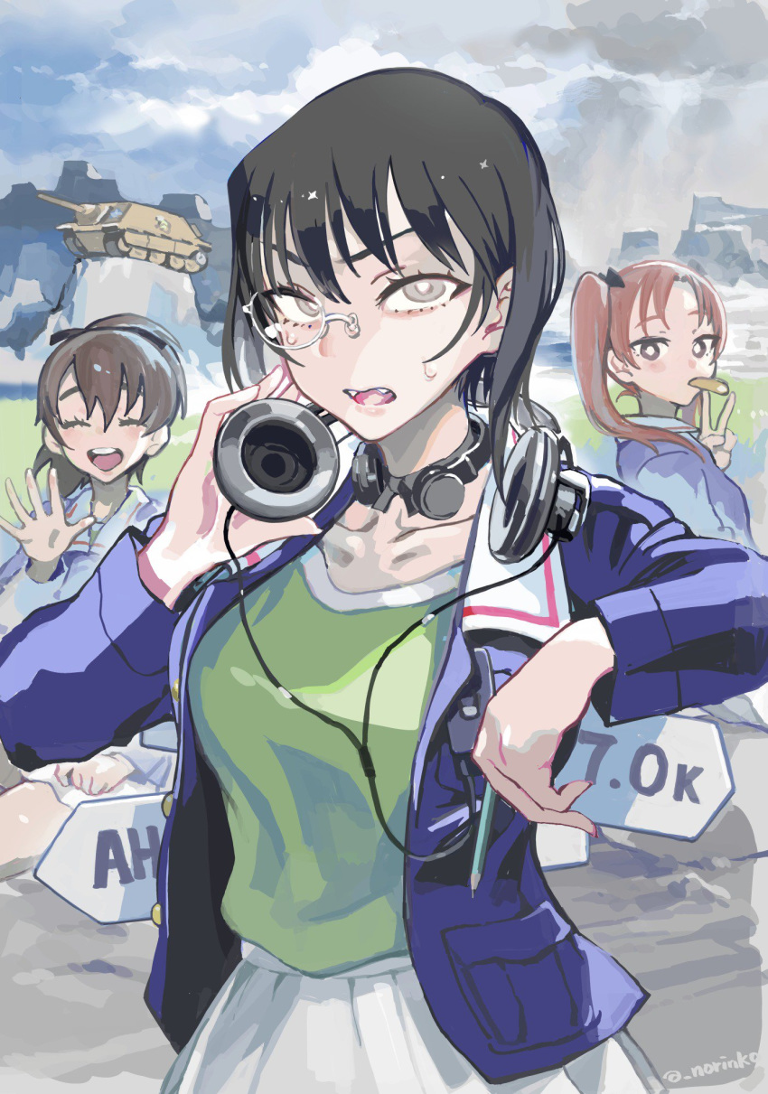 :d arm_rest bangs black_bow black_choker black_eyes black_hair blue_jacket bow bow_choker bright_pupils brown_eyes brown_hair choker closed_eyes closed_mouth cloud cloudy_sky commentary day eating facing_viewer fangs food_in_mouth girls_und_panzer green_shirt ground_vehicle hair_bow hair_ribbon happy headphones headphones_around_neck highres holding jacket jagdpanzer_38(t) kadotani_anzu kawashima_momo koyama_yuzu light_frown long_hair long_sleeves looking_at_viewer looking_back military military_uniform military_vehicle miniskirt monocle motor_vehicle mountain mouth_hold multiple_girls norinco ooarai_military_uniform open_clothes open_jacket open_mouth outdoors overcast parted_bangs pencil pleated_skirt ribbon semi-rimless_eyewear shirt short_hair short_ponytail signpost silver-framed_eyewear sitting skirt sky smile standing sweat tank throat_microphone twintails twitter_username under-rim_eyewear unhappy uniform v waving white_skirt
