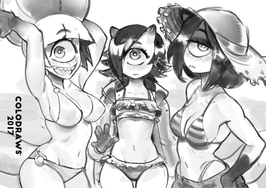 1_eye annie_(anaid) ansel_(anaid) arima_(anaid) big_breasts bikini breasts clothing colo cyclops family female frown girly greyscale group hair hat headwear horn horned_tailclops humanoid looking_at_viewer male midriff monochrome multicolored_skin navel not_furry open_mouth open_smile piercing sharp_teeth smile swimsuit tailclops teeth two_tone_skin unimpressed white_pupils