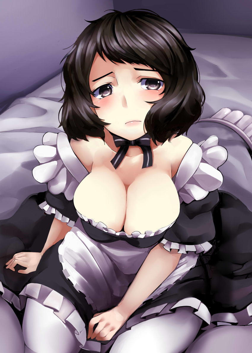 absurdres apron bangs bare_shoulders black_dress black_hair blush bow bowtie breasts brown_eyes cleavage collarbone dress frilled_sleeves frills highres kawakami_sadayo large_breasts looking_at_viewer maid maid_apron messy_hair nemu_(nebusokugimi) on_bed pantyhose persona persona_5 puffy_short_sleeves puffy_sleeves short_hair short_sleeves solo waist_apron white_legwear