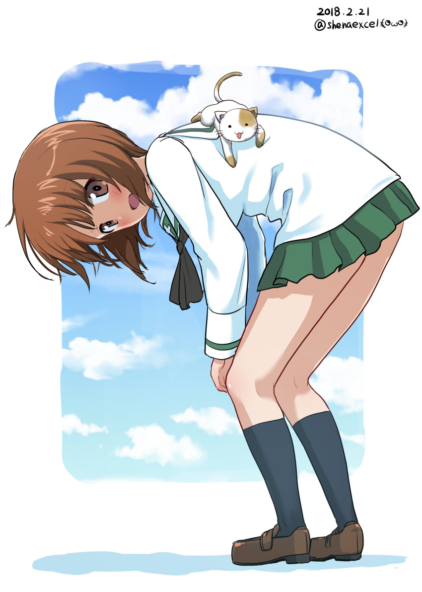 :3 :d absurdres animal animal_on_back bangs black_neckwear blouse brown_eyes brown_footwear brown_hair cat cloud cloudy_sky commentary dated day excel_(shena) eyebrows_visible_through_hair from_side girls_und_panzer green_skirt hands_on_own_knees highres leaning_forward loafers logo long_sleeves looking_at_viewer looking_back miniskirt navy_blue_legwear neckerchief nishizumi_miho ooarai_school_uniform open_mouth outside_border pleated_skirt school_uniform serafuku shadow shoes short_hair skirt sky smile socks solo standing twitter_username white_blouse