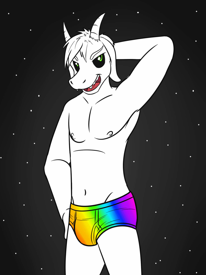 2015 anthro asriel_dreemurr black_sclera boss_monster briefs bulge caprine clothed clothing fangs fur fuze goat green_eyes hand_behind_head hi_res horn long_ears male mammal nipples rainbow simple_background smile solo topless undertale underwear video_games white_fur