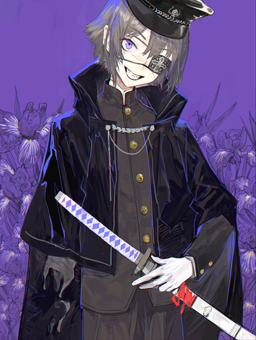 absurdres black_cape black_hat cape cowboy_shot eyebrows_visible_through_hair eyepatch facial_scar floral_background flower grey_hair grey_jacket grey_pants grin hat head_tilt highres iris_(flower) jacket katana looking_at_viewer male_focus nose_scar original pants peaked_cap purple_background purple_eyes rosette_(yankaixuan) scabbard scar sheath smile solo standing sword weapon