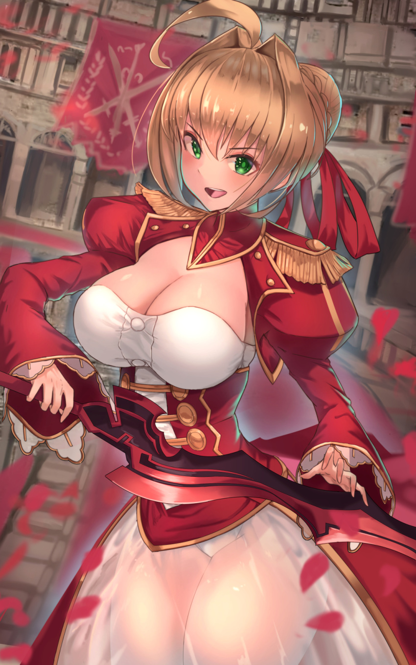 aestus_estus ahoge bangs blonde_hair breasts cleavage commentary_request dress epaulettes eyebrows_visible_through_hair fate/extra fate/grand_order fate_(series) green_eyes hair_bun hair_ornament hair_ribbon highres holding holding_sword holding_weapon large_breasts leotard long_sleeves looking_at_viewer nero_claudius_(fate) nero_claudius_(fate)_(all) open_mouth petals plaster_(2501) red_dress red_ribbon ribbon see-through shiny shiny_skin short_hair solo standing sword weapon white_leotard