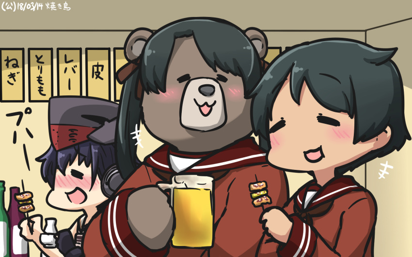 alcohol animalization bear beer beer_mug black_hair blush bottle brown_eyes brown_neckwear brown_sailor_collar brown_serafuku brown_shirt closed_eyes commentary_request cup dated drunk food hamu_koutarou hat headphones highres holding holding_cup i-14_(kantai_collection) kantai_collection kebab long_hair mikuma_(kantai_collection) mogami_(kantai_collection) multiple_girls neckerchief sailor_collar sake shirt short_hair tokkuri twintails