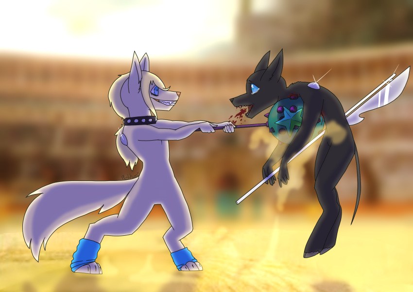 2018 anthro blood canine clothing coliseum collar digital_drawing_(artwork) digital_media_(artwork) duo female fight fur hair holding_object holding_weapon leg_warmers legwear mace mammal melee_weapon open_mouth plushkinn polearm sharp_teeth smile snuff standing tears teeth weapon wounded yandere