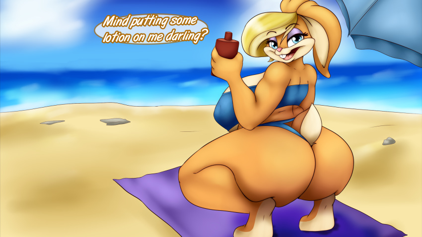 16:9 2018 anthro beach big_breasts big_butt bikini blonde_hair blue_eyes breasts buckteeth butt clothing cloud crouching dialogue english_text eyelashes eyeshadow female hair hi_res holding_object lagomorph looking_at_viewer looney_tunes makeup mammal mature_female neronova open_mouth outside patricia_bunny pink_nose rabbit seaside sky solo swimsuit teeth text the_looney_tunes_show wallpaper warner_brothers