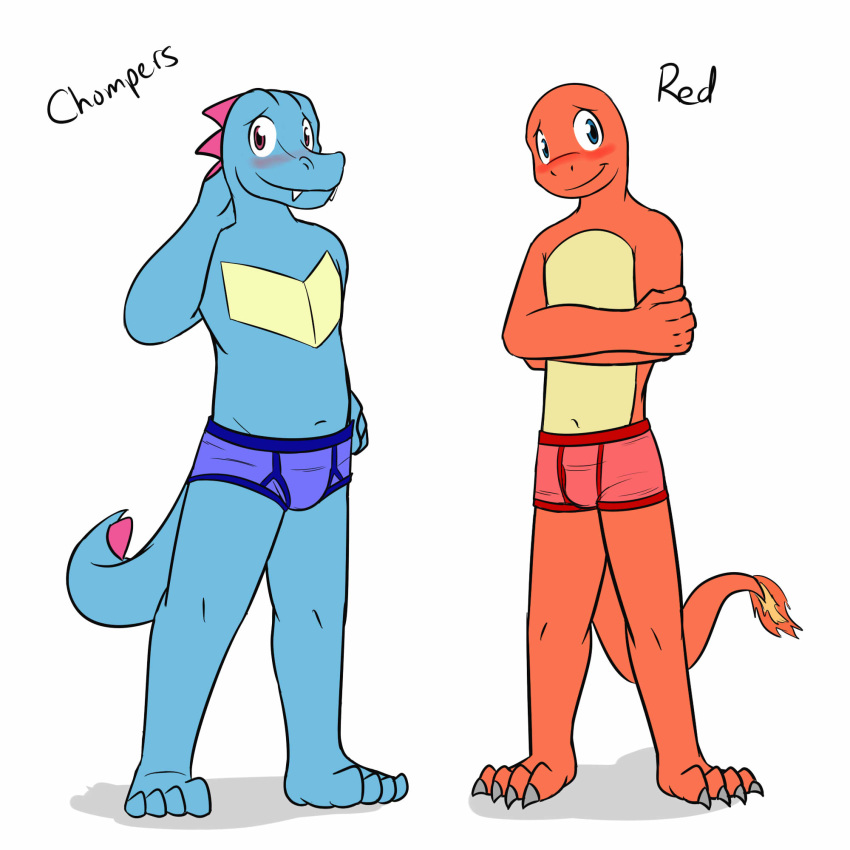 anthro anthrofied barefoot blue_eyes blue_scales blush briefs bulge charmander clothing duo fire flaming_tail fuze hi_res male navel nintendo pok&eacute;mon pok&eacute;mon_(species) pok&eacute;morph red_eyes red_scales scales shy simple_background teeth totodile underwear video_games white_background