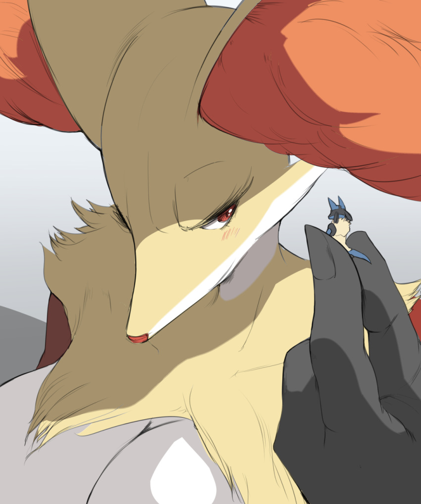 anthro between_fingers big_breasts black_fur blue_fur blush breasts delphox duo featureless_breasts female fingernail fur handheld in_hand inner_ear_fluff larger_female lucario macro male male/female micro micro_on_macro nintendo pok&eacute;mon pok&eacute;mon_(species) red_eyes red_fur red_nose simple_background size_difference smaller_male video_games white_background white_fur yellow_fur ソリュウ