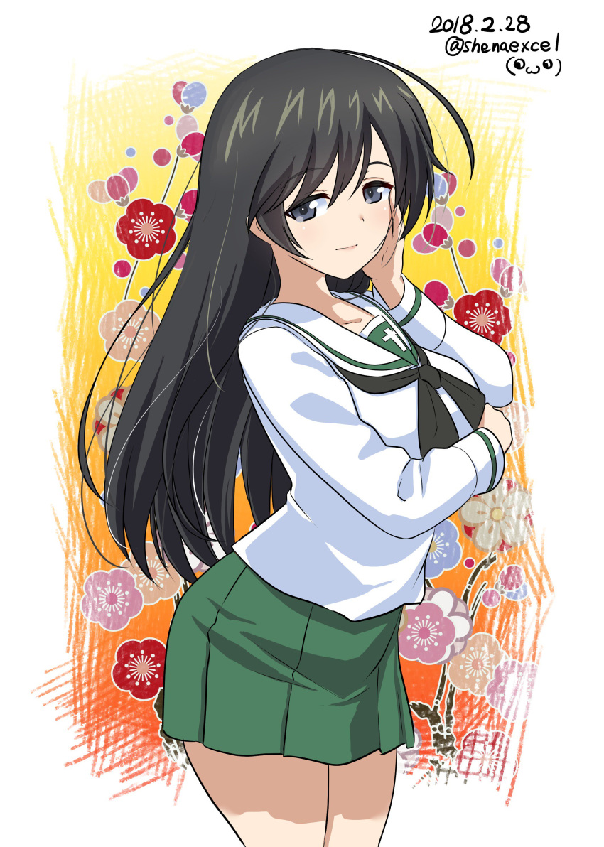 absurdres ahoge bangs black_eyes black_hair black_neckwear blouse breast_hold breasts closed_mouth commentary cowboy_shot dated excel_(shena) eyebrows_visible_through_hair floral_background girls_und_panzer green_skirt hand_on_own_face highres isuzu_hana logo long_hair long_sleeves looking_at_viewer medium_breasts miniskirt multicolored multicolored_background neckerchief ooarai_school_uniform outside_border pleated_skirt school_uniform serafuku skirt smile solo standing twitter_username white_blouse