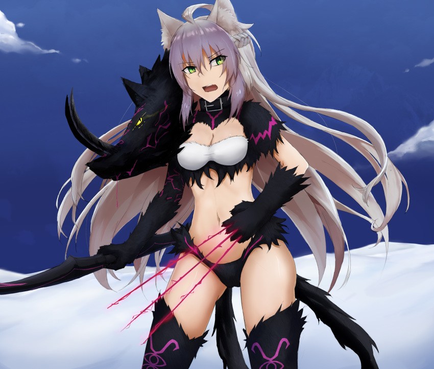 agrius_metamorphosis animal_ears atalanta_(alter)_(fate) atalanta_(fate) bow_(weapon) breasts cleavage collar dark_persona eyebrows_visible_through_hair fate/apocrypha fate_(series) green_eyes hair_between_eyes highres holding holding_weapon long_hair medium_breasts midriff multicolored_hair multiple_tails navel purple_hair seaweed2017 slit_pupils solo spoilers tail thighhighs two-tone_hair two_tails very_long_hair weapon