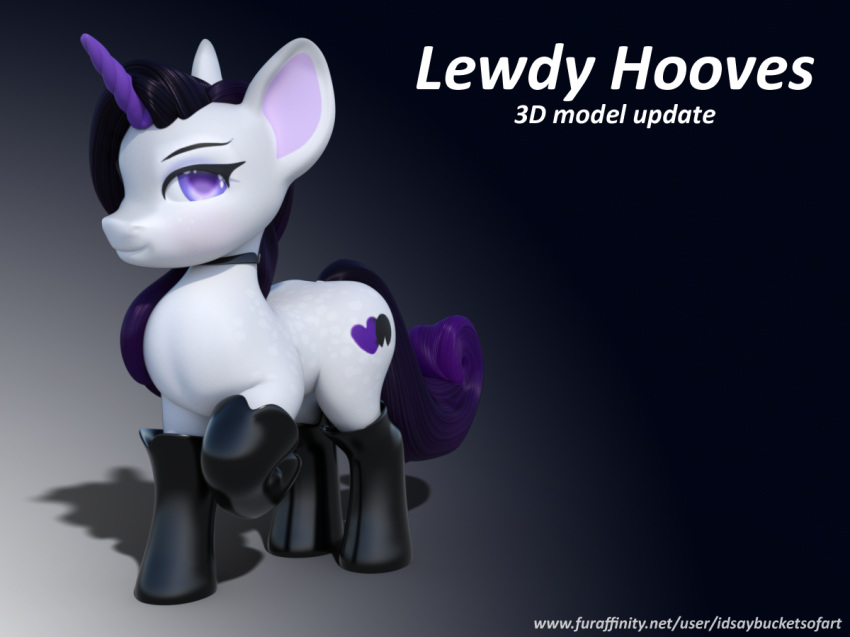 3d_(artwork) clothing digital_media_(artwork) equine fan_character female feral footwear fur hair hooves horn idsaybucketsofart lewdy_hooves looking_at_viewer mammal my_little_pony purple_hair rubber solo unicorn white_body white_fur