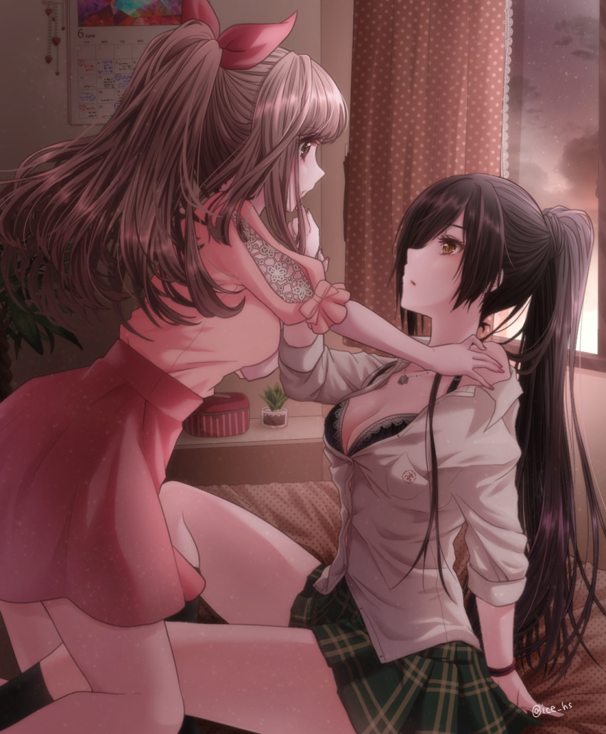 bangs bed between_legs black_bra black_hair blush bow bra bracelet breasts brown_eyes brown_hair calendar_(object) cleavage collarbone commentary curtains dog_tags dress_shirt eyebrows_visible_through_hair finger_to_mouth frills from_side girl_on_top hair_bow hand_on_another's_shoulder highres ice_(aitsugai) idolmaster idolmaster_shiny_colors jewelry legs long_hair medium_breasts miniskirt multiple_girls on_bed pink_shirt pink_skirt plaid plaid_skirt pleated_skirt ponytail ribbon room school_uniform sexually_suggestive shirase_sakuya shirt sitting skirt straddling tsukioka_kogane unbuttoned unbuttoned_shirt underwear window yellow_eyes yuri