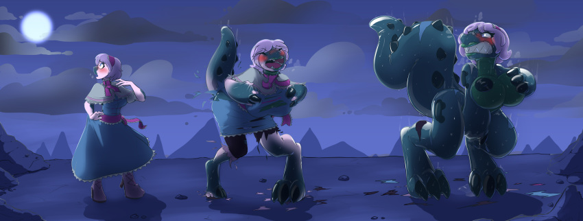 2018 alice_margatroid anthro big_breasts blue_eyes blush breast_expansion breasts claws clenched_teeth clothing cloud crocodile crocodilian detailed_background dress embarrassed female footwear hair hand_on_breast hand_on_crotch handles helixjack human living_inflatable mammal moon nipples nude open_mouth reptile rubber scalie sequence shoes short_hair solo standing surprise tail_growth teeth torn_clothing touhou transformation were wet