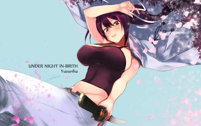 blush breasts camisole commentary_request hair_intakes hair_ribbon highres kojima_(blue_stardust) large_breasts long_hair midriff navel pants ponytail purple_hair red_eyes ribbon solo sword under_night_in-birth very_long_hair weapon yuzuriha_(under_night_in-birth)