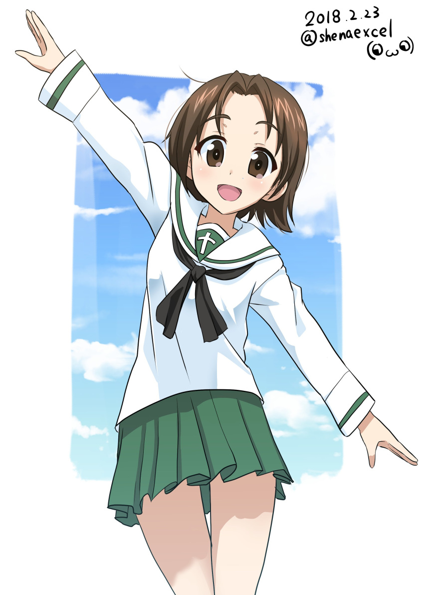 :d absurdres bangs black_neckwear blouse brown_eyes brown_hair cloud cloudy_sky commentary cowboy_shot dated day excel_(shena) eyebrows_visible_through_hair girls_und_panzer green_skirt highres logo long_sleeves looking_at_viewer miniskirt neckerchief ooarai_school_uniform open_mouth outside_border outstretched_arms parted_bangs pleated_skirt sawa_azusa school_uniform serafuku short_hair skirt sky smile solo standing thigh_gap twitter_username white_blouse