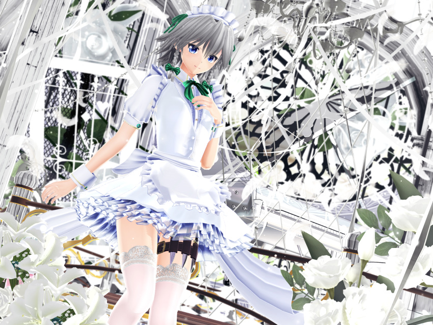 alternate_color apron blue_eyes braid breasts buttons center_frills chandelier clock collared_shirt commentary_request eyes_visible_through_hair falling_feathers feathers feet_out_of_frame fence flower frilled_apron frilled_legwear frilled_skirt frills green_ribbon grey_hair hair_between_eyes hair_ribbon hand_on_own_chest highres holster instrument izayoi_sakuya kurogoma_(meganegurasan) light_smile lily_(flower) looking_at_viewer maid_headdress medium_breasts mikumikudance neck_ribbon piano puffy_short_sleeves puffy_sleeves railing ribbon rose sash shirt short_hair short_sleeves side_braids skirt solo standing thigh_holster thighhighs touhou twin_braids vest waist_apron white_flower white_legwear white_ribbon white_rose white_shirt white_skirt white_vest wrist_cuffs zettai_ryouiki