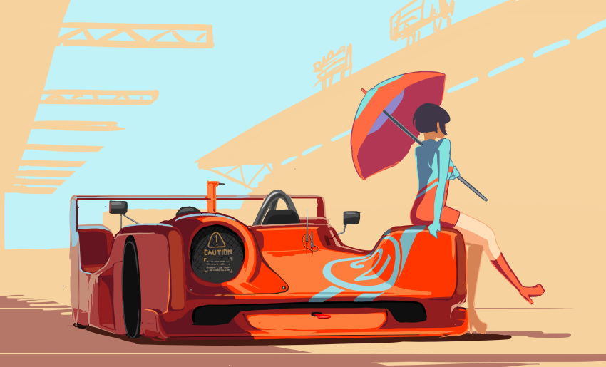 absurdres black_hair boots car caution facing_away fxx ground_vehicle highres motor_vehicle on_vehicle original outstretched_leg short_hair sitting solo umbrella vehicle_request