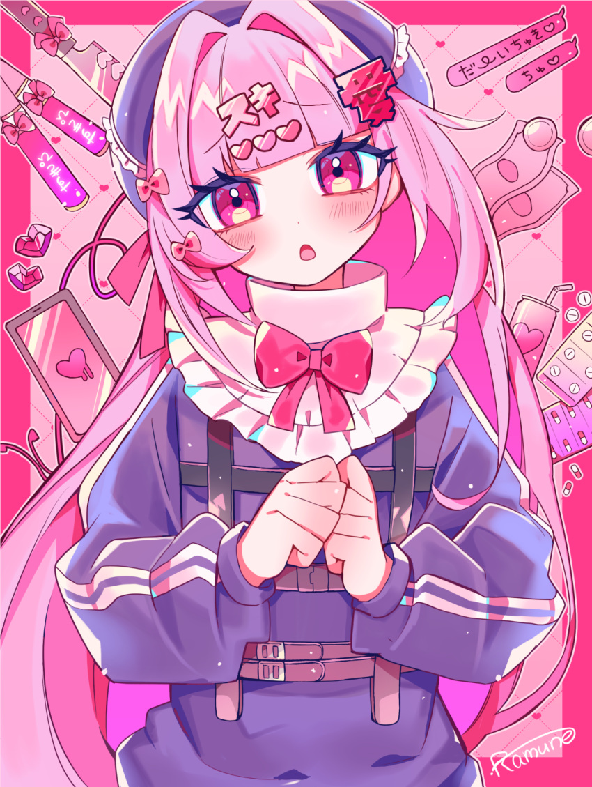 1girl blunt_bangs blush border bow bowtie coin commentary_request double_vertical_stripe drink hair_bow hair_intakes hair_ornament hat head_tilt heart heart_hair_ornament highres long_hair long_sleeves looking_at_viewer money open_mouth original outline outside_border own_hands_together phone pill pink_background pink_border pink_bow pink_bowtie pink_hair pink_outline pink_theme puffy_long_sleeves puffy_sleeves purple_hat purple_sweater simple_background solo straight-on sweater tongue upper_body very_long_hair yuusuke-kun