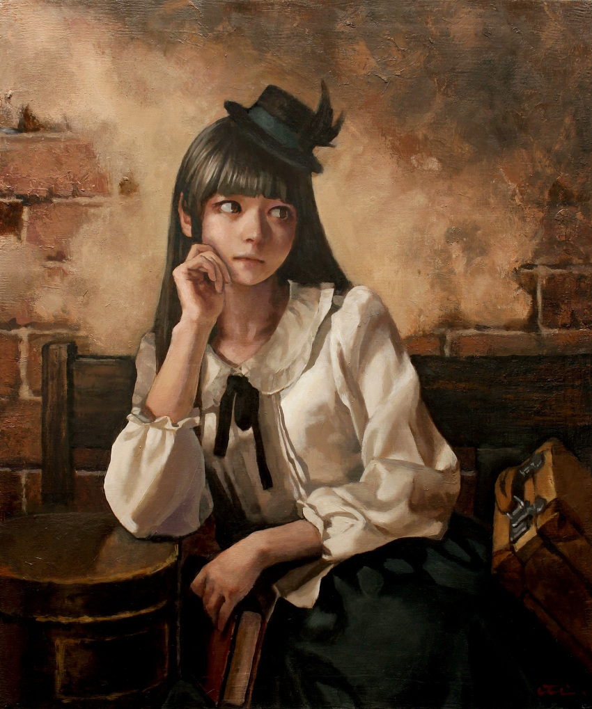 bangs bench black_hair black_skirt blunt_bangs book brick_wall brown_eyes canvas_(medium) elbow_rest expressionless hat highres imai_takahiro indoors leaning_to_the_side long_hair long_sleeves looking_to_the_side oil_painting_(medium) original ribbon shirt sideways_glance sitting skirt solo stove stucco suitcase top_hat traditional_media white_shirt