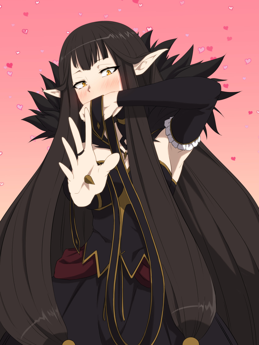 absurdres amatlas bare_shoulders black_dress black_hair blush breasts bridal_gauntlets cleavage detached_sleeves dress fate/grand_order fate_(series) fur_trim highres large_breasts long_dress long_hair looking_at_viewer pointy_ears semiramis_(fate) spikes very_long_hair yellow_eyes