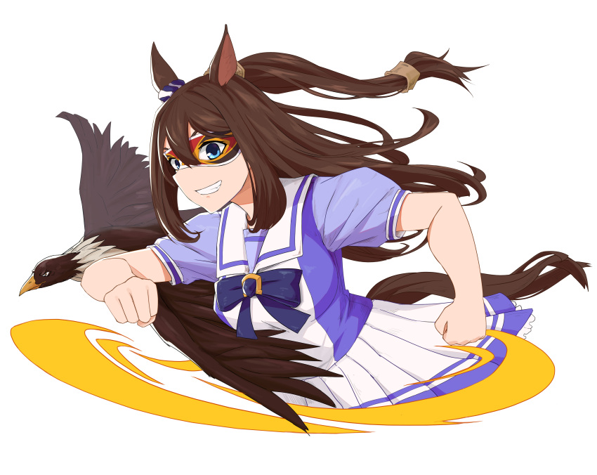 absurdres animal_ears brown_hair condor el_condor_pasa grin highres horse_ears horse_girl horse_tail long_hair long_ponytail looking_at_viewer mask minata_(axl19941120) namesake pleated_skirt ponytail school_uniform serafuku skirt smile solo tail umamusume