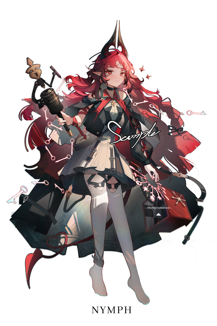 1girl absurdres arknights bare_shoulders black_jacket character_name closed_mouth clothing_cutout commentary_request cropped_jacket dress full_body highres holding horns huajiaohaibao jacket key keyhole long_hair long_sleeves no_shoes nymph_(arknights) pointy_ears puffy_long_sleeves puffy_sleeves red_eyes red_hair sample_watermark shoulder_cutout simple_background smile solo standing thighhighs very_long_hair watermark white_background white_dress white_thighhighs