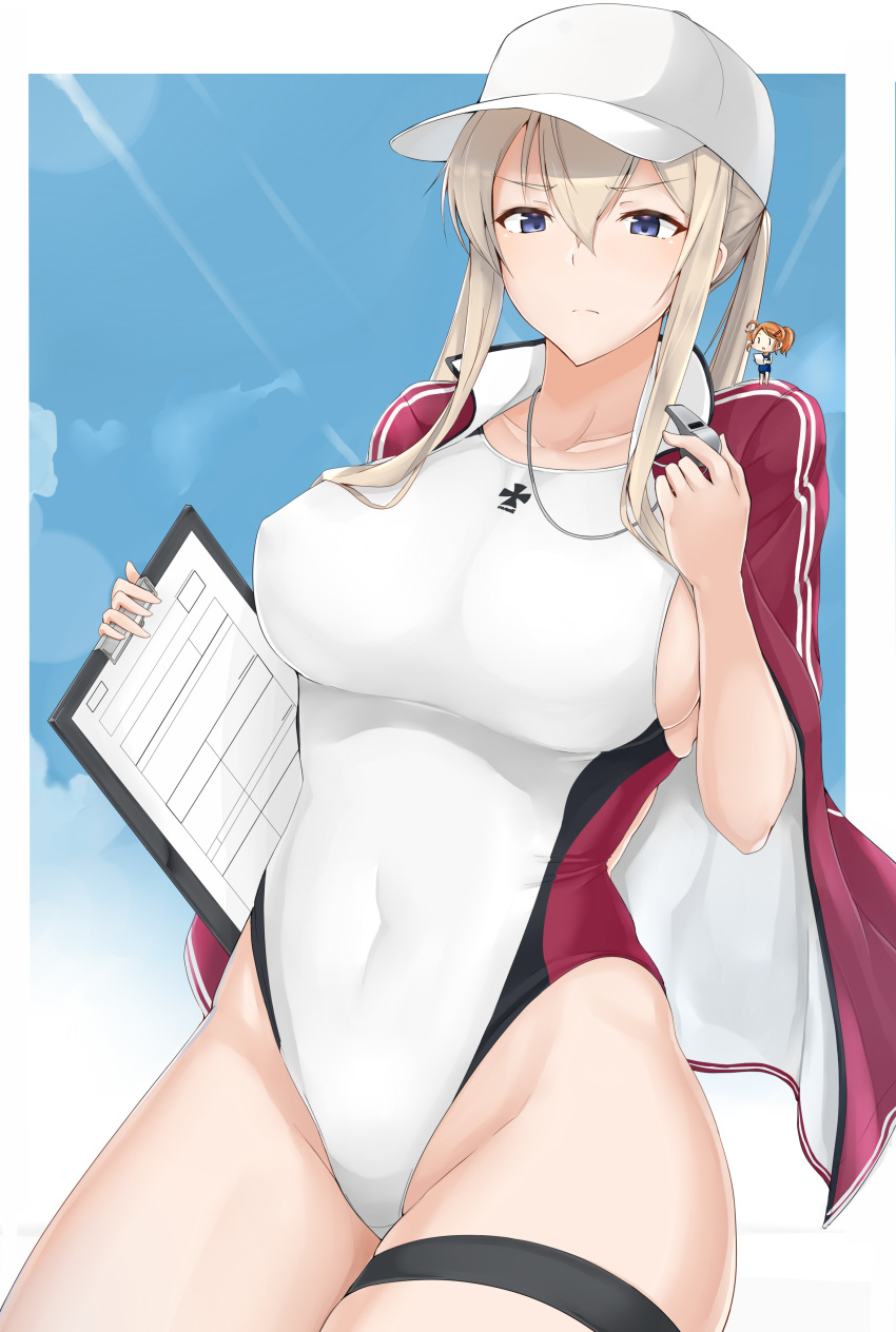 absurdres adapted_costume baseball_cap blue_background blue_eyes blue_sky border breasts chibi chinese_commentary clipboard cloud cloudy_sky collarbone commentary_request competition_swimsuit covered_navel cowboy_shot day double_vertical_stripe fairy_(kantai_collection) graf_zeppelin_(kantai_collection) hat highleg highleg_swimsuit highres holding iron_cross jacket jacket_on_shoulders kantai_collection large_breasts long_hair looking_at_viewer maruya1006 minigirl multiple_girls notepad one-piece_swimsuit outdoors outside_border ponytail red_hair sideboob sidelocks sky solo_focus standing_on_shoulder swimsuit thigh_strap thighs track_jacket twintails whistle white_border white_hat white_swimsuit