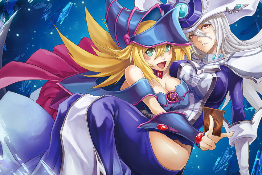 :d a-er_(akkij0358) bare_shoulders blonde_hair blue_dress blush_stickers breasts card cleavage covered_nipples dark_magician_girl dress duel_monster floating green_eyes habit hair_between_eyes helmet holding holding_card large_breasts long_hair looking_at_viewer multiple_girls open_mouth open_pants pants red_eyes silent_magician silver_hair smile yuu-gi-ou