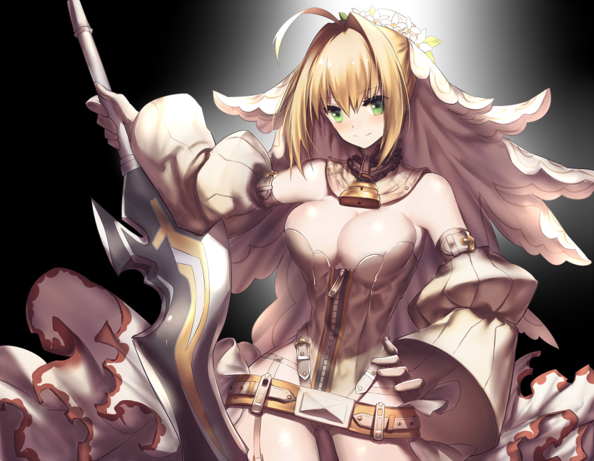 aestus_estus ahoge belt black_background blonde_hair breasts bridal_veil cleavage commentary_request detached_sleeves fate/extra fate/extra_ccc fate_(series) gloves green_eyes hand_on_hip highres holding holding_sword holding_weapon lock looking_at_viewer medium_breasts nero_claudius_(bride)_(fate) nero_claudius_(fate)_(all) padlock padlocked_collar rahato short_hair solo sword veil weapon white_gloves white_sleeves zipper