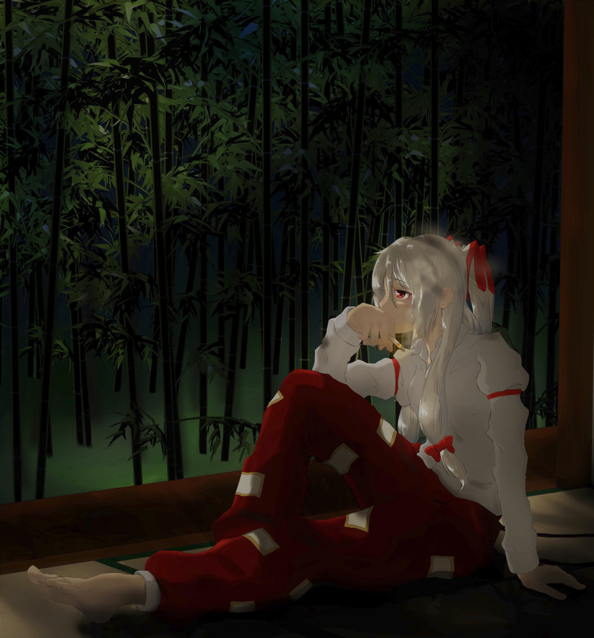 absurdres armband bamboo bamboo_forest barefoot cigarette covering_mouth elbow_on_knee forest fujiwara_no_mokou full_body highres knee_up long_sleeves looking_to_the_side nature night ofuda outstretched_leg pants ponytail shirt sidelocks silver_hair sitting smoking solo swwerz tatami touhou white_shirt