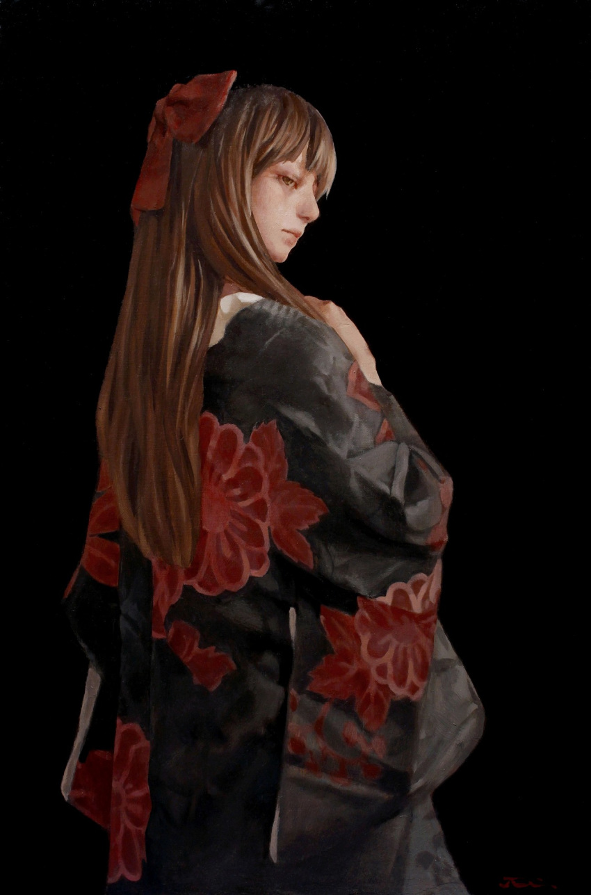 bangs black_background black_kimono bow brown_eyes brown_hair canvas_(medium) cowboy_shot expressionless floral_print from_behind hair_bow hand_on_own_chest highres imai_takahiro japanese_clothes kimono long_hair looking_back oil_painting_(medium) original solo traditional_media
