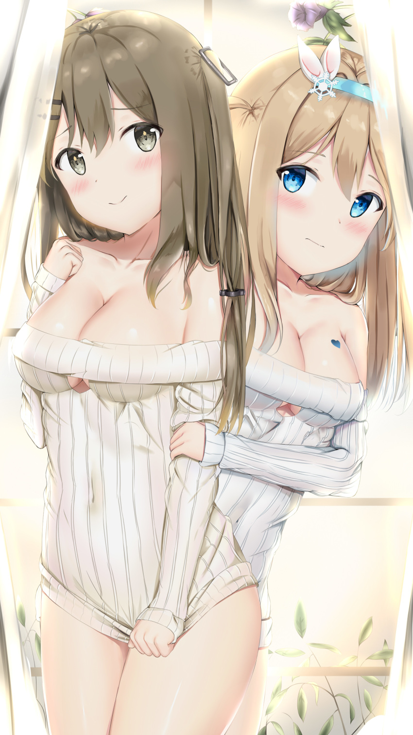 absurdres bachibachi_(tisen) bangs bare_shoulders beige_sweater blonde_hair blue_eyes blush bodypaint breasts brown_eyes brown_hair cleavage closed_mouth clothes_tug collarbone commentary_request covered_navel curtains dress embarrassed eyebrows_visible_through_hair flower girls_frontline hair_between_eyes hair_ornament hairband hairclip head_tilt heart highres holding_another's_arm indoors k-2_(girls_frontline) large_breasts long_hair looking_at_viewer medium_breasts multiple_girls plant ribbed_sweater sidelocks smile snowflake_hair_ornament standing strapless strapless_dress suomi_kp31_(girls_frontline) sweater sweater_dress sweater_tug thighs underboob_cutout white_sweater window