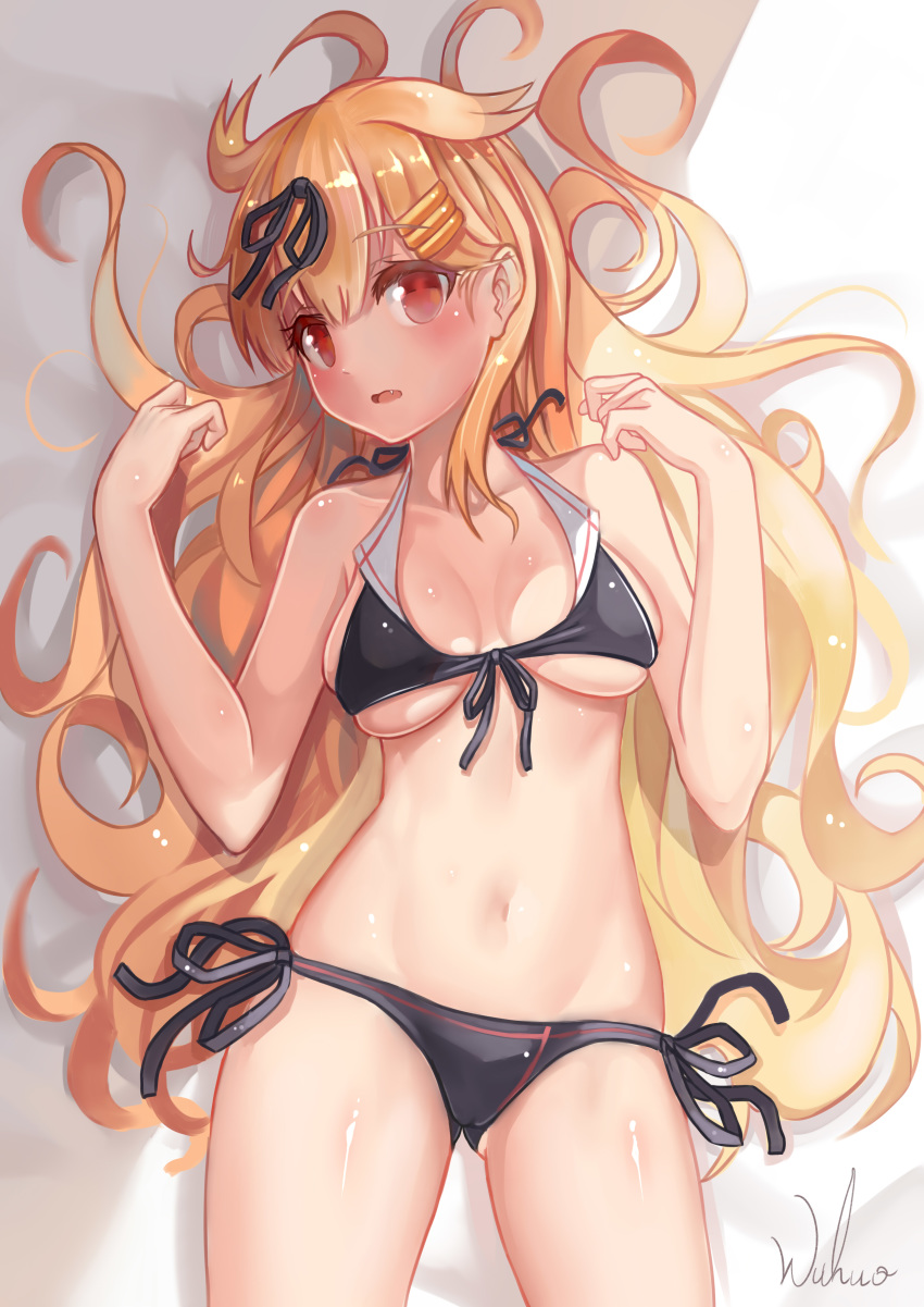 absurdres bikini black_bikini black_ribbon blonde_hair breasts commentary_request eyebrows_visible_through_hair fang front-tie_top hair_flaps hair_ornament hair_ribbon hairclip highres kantai_collection long_hair lying medium_breasts navel on_back open_mouth red_eyes remodel_(kantai_collection) revision ribbon shiny shiny_skin side-tie_bikini side-tie_bottom solo swimsuit wuhuo yuudachi_(kantai_collection)