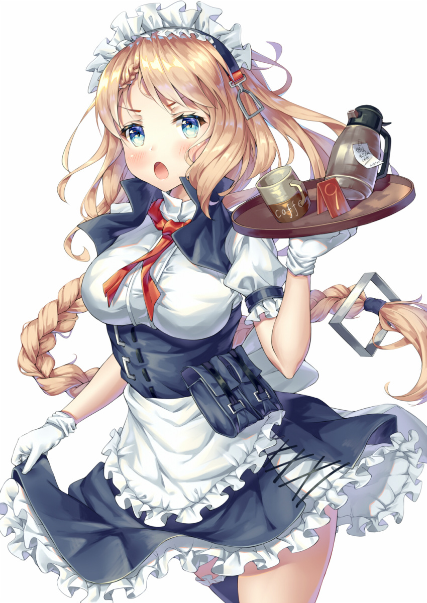 apron bag bands bangs blonde_hair blue_eyes blush braid breasts coffee_mug coffee_pot commentary_request cup dress floating_hair g36_(girls_frontline) girls_frontline gloves hair_between_eyes hair_ornament hair_tie highres holding holding_tray jacket kerchief long_hair looking_at_viewer maid maid_apron maid_headdress medium_breasts mug open_mouth red_neckwear satchel short_sleeves sidelocks single_braid single_thighhigh skirt skirt_lift smile solo thighhighs thighs tray underbust very_long_hair white_gloves xi_zhujia_de_rbq