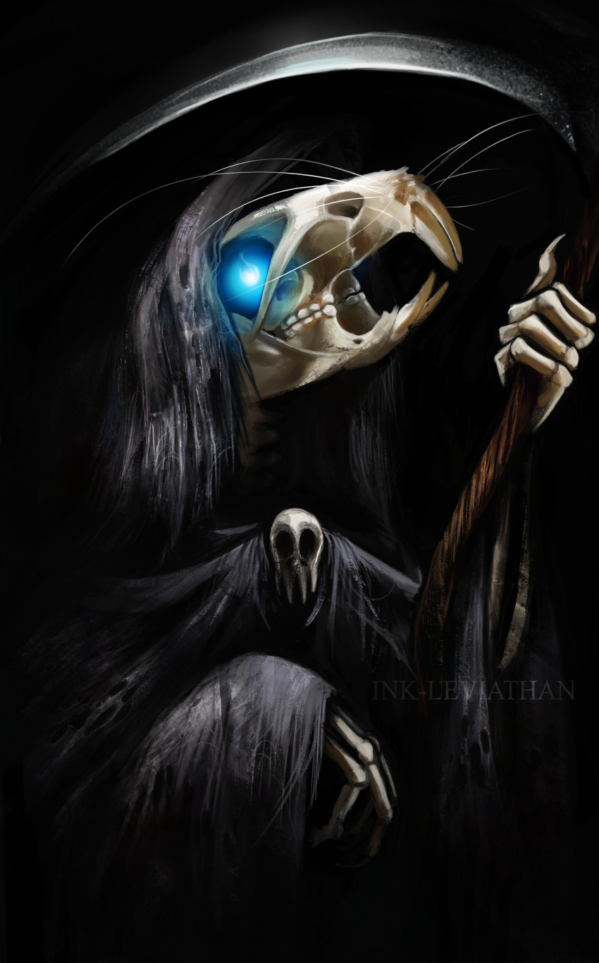 2018 5_fingers black_background blue_eyes cloak clothing death_(character) digital_media_(artwork) ink-leviathan mammal rat rodent simple_background skull