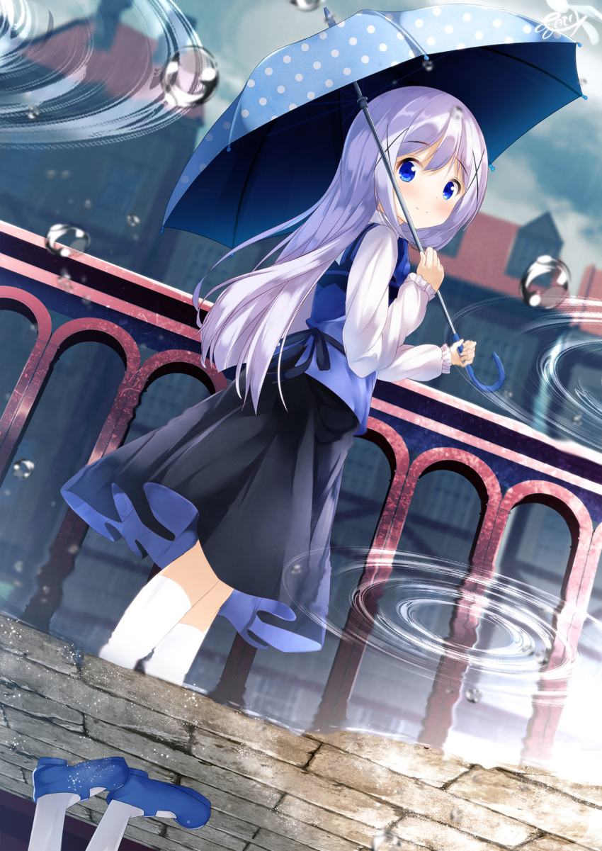 bangs black_skirt blue_eyes blue_footwear blue_sky blue_umbrella blue_vest blush bubble chinomaron closed_mouth cloud day eyebrows_visible_through_hair gochuumon_wa_usagi_desu_ka? hair_between_eyes hair_ornament highres holding holding_umbrella kafuu_chino long_hair long_skirt long_sleeves looking_at_viewer looking_to_the_side mary_janes outdoors polka_dot polka_dot_umbrella puddle rabbit_house_uniform rain reflection ripples shirt shoes sidelocks silver_hair skirt sky smile solo standing thighhighs umbrella uniform very_long_hair vest white_legwear white_shirt x_hair_ornament