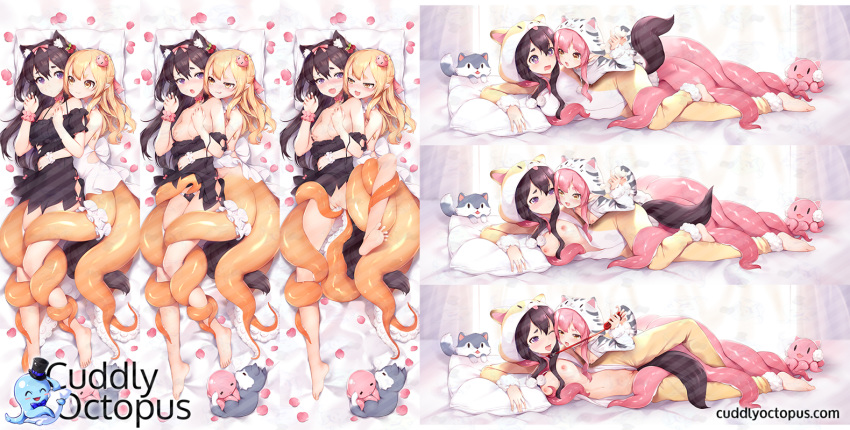 :d :q animal_ears animal_hood barefoot blonde_hair blush bone breast_grab breasts brown_hair collar commentary_request cuddly_octopus dakimakura feet grabbing hood horizontal_pupils kyuri_tizu leash monster_girl multiple_girls multiple_views nipples nose_blush open_mouth original petals pillow pink_hair pointy_ears purple_eyes scylla small_breasts smile stuffed_animal stuffed_octopus stuffed_toy stuffed_wolf tail tentacles tongue tongue_out watermark web_address wolf_ears wolf_tail yellow_eyes yuri