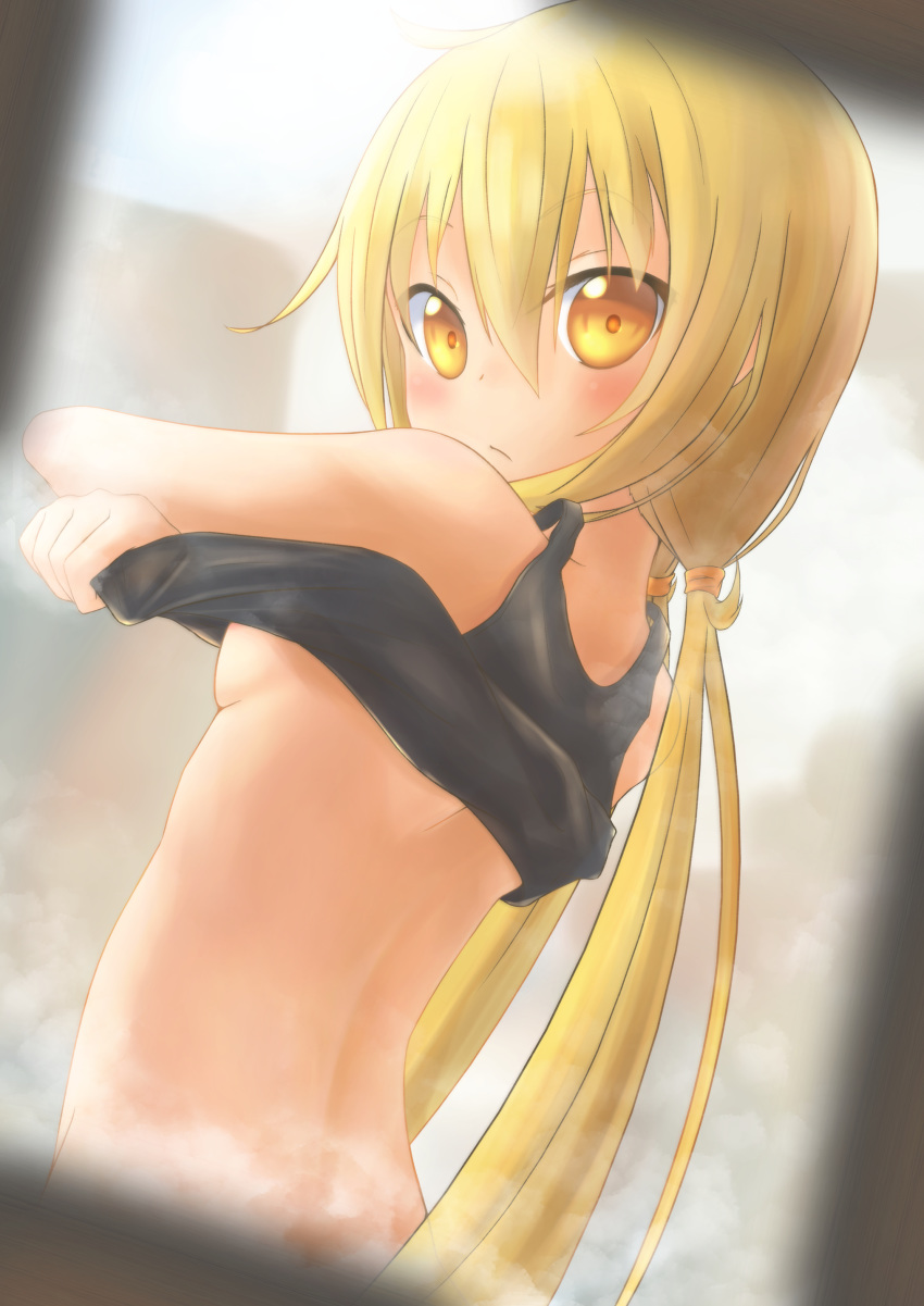 absurdres blonde_hair blush breasts closed_mouth commentary_request from_behind highres kanimiso_(juutilainen77) kantai_collection long_hair looking_at_viewer looking_back low_twintails satsuki_(kantai_collection) small_breasts solo tank_top twintails underboob undressing yellow_eyes