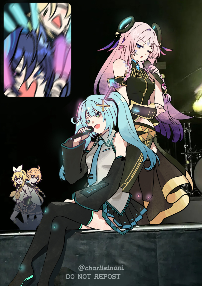 3boys 3girls =_= aether_(genshin_impact) ahoge animal_ears aqua_brooch aqua_eyes aqua_hair aqua_nails aqua_necktie aqua_pupils aqua_trim arm_cuffs arm_warmers asymmetrical_eyelashes back-to-back bare_shoulders bat_ears black_arm_warmers black_hair black_leg_warmers black_sailor_collar black_shirt black_shorts black_skirt black_sleeve_cuffs black_sleeves black_thighhighs blonde_hair blue_eyes blue_hood blunt_bangs blunt_tresses blush braid breast_pocket citlali_(genshin_impact) closed_eyes closed_mouth cosplay cowlick crossed_legs detached_sleeves drum drum_set fan_screaming_at_madison_beer_(meme) faruzan_(genshin_impact) feather_hair_ornament feathers genshin_impact glowing_clothes glowstick gold_belt gold_trim gradient_hair grandmother_and_grandson grey_shirt grey_shorts hair_between_eyes hair_intakes hair_ornament hair_rings hairband hand_on_own_thigh hatsune_miku hatsune_miku_(cosplay) head_tilt highres holding holding_glowstick holding_microphone icl inonichacha instrument kagamine_len kagamine_len_(cosplay) kagamine_rin kagamine_rin_(cosplay) kaveh_(genshin_impact) leg_warmers long_hair long_skirt low-braided_long_hair low-tied_long_hair lumine_(genshin_impact) megurine_luka megurine_luka_(cosplay) meme microphone midriff_peek mismatched_pupils multicolored_hair multiple_boys multiple_girls neckerchief necktie one_eye_closed open_mouth ororon_(genshin_impact) parted_bangs pink_hair pink_pupils pleated_skirt pocket purple_hair sailor_collar school_uniform screaming serafuku shirt short_hair short_hair_with_long_locks short_shorts shorts siblings sidelocks single_arm_warmer sitting skirt sleeveless sleeveless_shirt stage sunglasses symbol-shaped_pupils thighhighs tinted_eyewear triangle-shaped_pupils triangle_facial_mark triangle_mouth twin_braids twins twintails v-shaped_eyebrows vocaloid white_hairband white_serafuku x_hair_ornament yellow_neckerchief yellow_trim