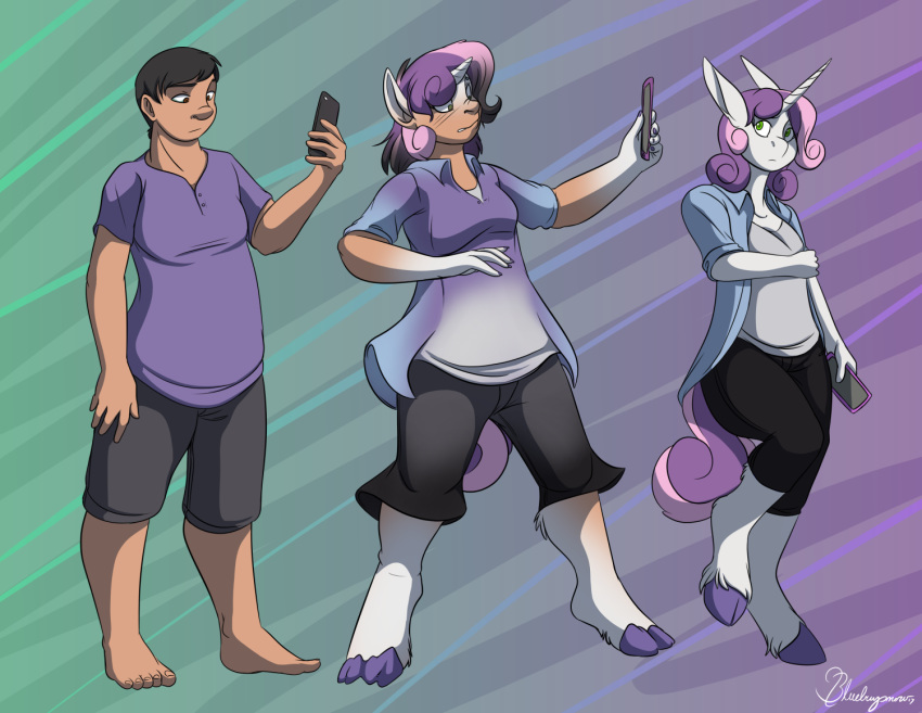 2017 abstract_background anthro barefoot black_hair blueberrysnow blush breasts brown_eyes clothed clothing equine female friendship_is_magic gender_transformation green_eyes hair hooves horn human human_to_anthro male mammal mtf_transformation multicolored_hair my_little_pony pants phone sequence shirt short_hair solo standing surprise sweetie_belle_(mlp) transformation unicorn unicorn_horn