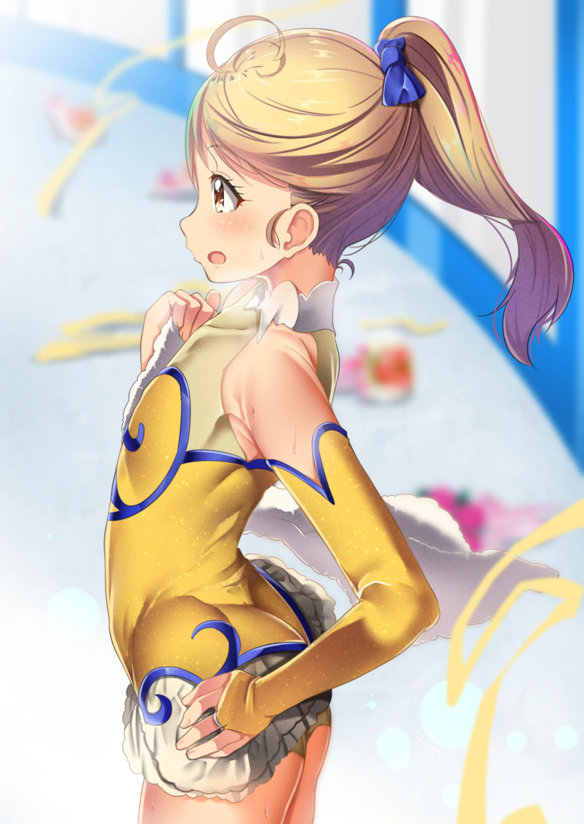 :o ahoge antenna_hair blonde_hair blue_bow blush bow bridal_gauntlets commentary_request cowboy_shot figure_skating flat_chest hair_bow highres hugtto!_precure kagayaki_homare leotard mad_(hazukiken) open_mouth ponytail precure profile short_hair solo standing sweat yellow_eyes yellow_leotard younger