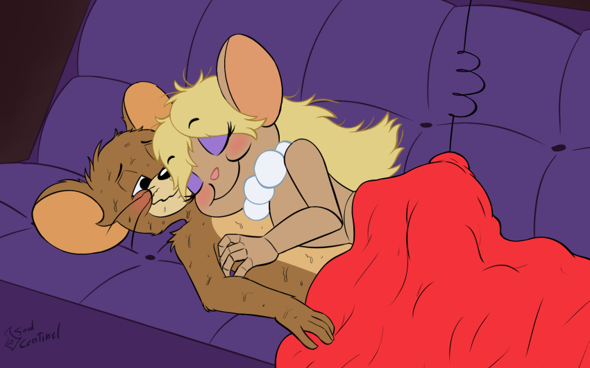 after_sex anthro bedding blanket blush clothing cute dress duo female hair jerry_(tom_&amp;_jerry) machine male mammal mouse nude robot rodent smile sofa soulcentinel springtail sweat tom_and_jerry