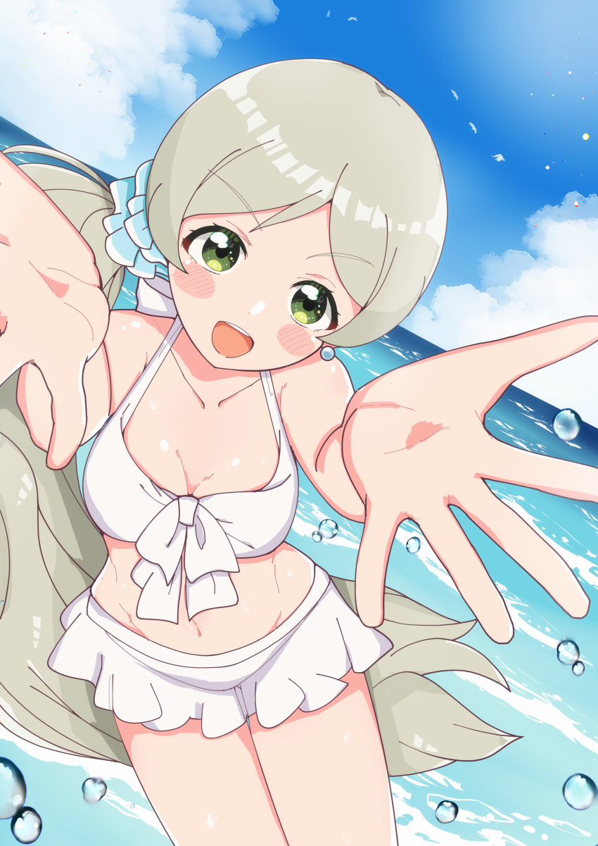 1girl absurdres bikini blue_sky blush_stickers breasts cleavage cloud cloudy_sky collarbone cowboy_shot dot_nose dutch_angle earrings frilled_bikini frills green_eyes grey_hair groin hair_ornament hair_scrunchie handa_roco highres horizon idolmaster idolmaster_million_live! idolmaster_million_live!_theater_days incoming_hug jewelry long_hair looking_at_viewer medium_breasts navel nikudoufu ocean official_alternate_costume official_alternate_hairstyle open_hands outdoors outstretched_arms parted_bangs reaching reaching_towards_viewer scrunchie side_ponytail sidelocks sky solo splashing swimsuit teeth upper_teeth_only v-shaped_eyebrows very_long_hair water_drop waves white_bikini