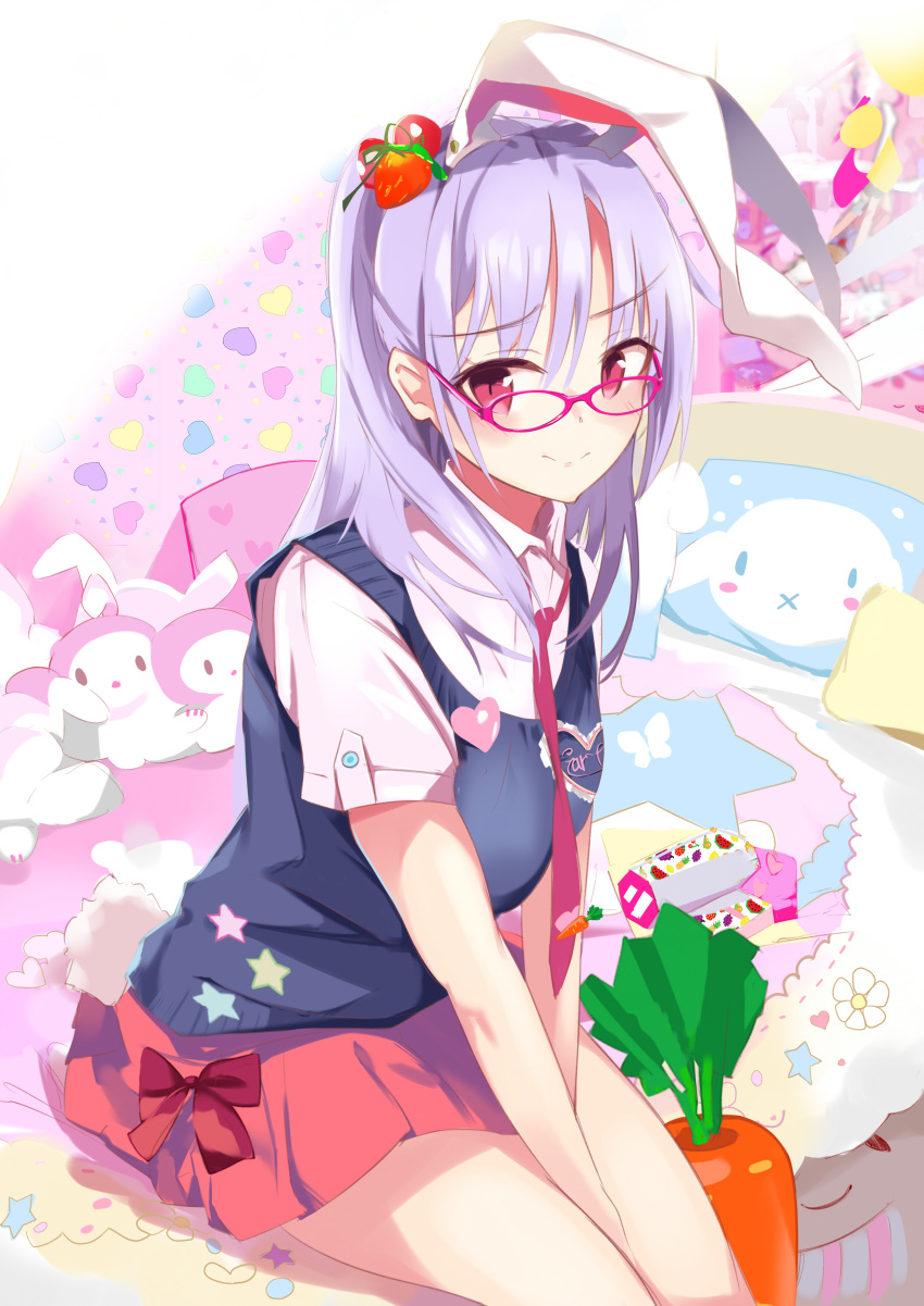 absurdres alternate_costume animal_ears bad_revision bare_arms bespectacled between_legs bunny_ears carrot closed_mouth commentary_request extra_ears food_themed_hair_ornament glasses hair_ornament hand_between_legs heart highres light_smile long_hair looking_at_viewer md5_mismatch miniskirt necktie pillow pink-framed_eyewear pink_eyes pink_neckwear purple_hair red_skirt reisen_udongein_inaba school_uniform short_sleeves skirt solo strawberry_hair_ornament stuffed_toy sweater_vest tetsurou_(fe+) touhou v_arms wing_collar