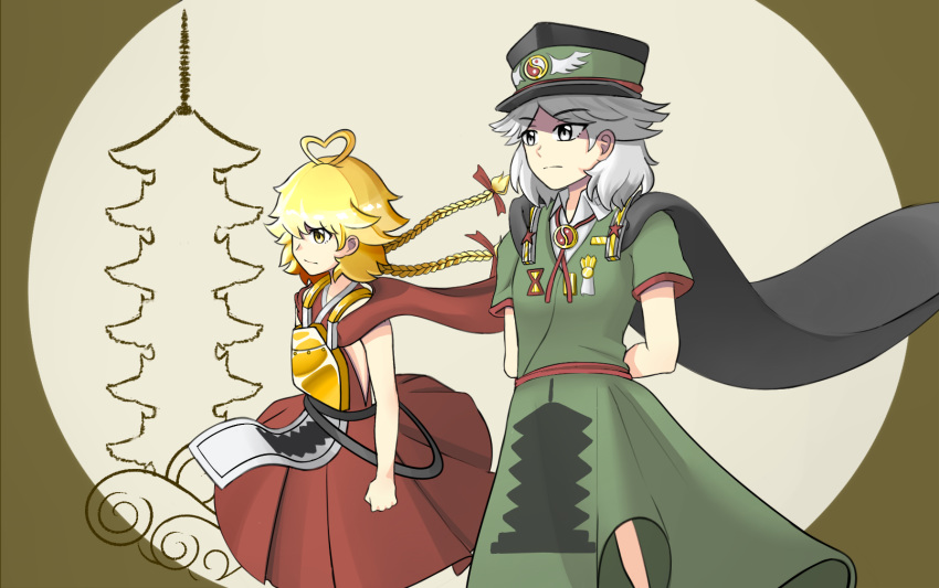 ahoge androgynous blonde_hair braid breastplate cape commentary english_commentary fujiwara_no_shirogane_no_sanra gradient_ray hat highres japanese_clothes len'en long_hair military military_hat military_uniform multiple_others ooama_no_ake_no_mitori peaked_cap red_eyes short_hair silver_eyes silver_hair twin_braids uniform