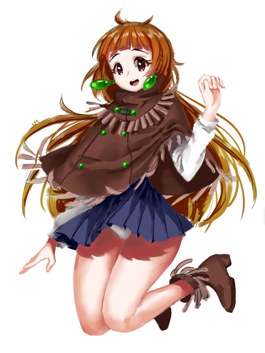 bangs bare_legs boots brown_hair earrings frilled_boots frilled_cloak frills gom-iuneunsoli highres jewelry jumping kemono_friends long_hair long_sleeves open_mouth orangutan_(kemono_friends) panties pantyshot pleated_skirt poncho skirt solo underwear